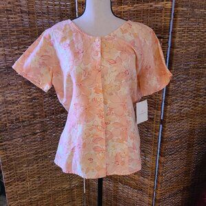 VTG NWT Liz Claiborne Lizsport Field of Flowers Blouse Linen Blend SZ L Button
